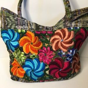 Boho ethnic hippie style fabric handmade shoulder handbag with floral embroidery
